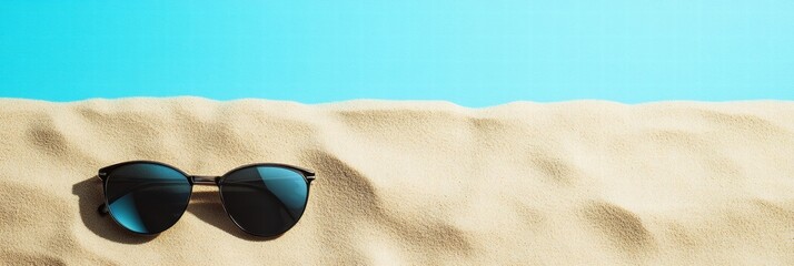 Aufkleber - Sunglasses resting on golden sand under a clear blue sky inviting relaxation and summer vibes. Generative AI