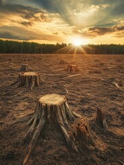 Poster - Deforested landscape showing numerous tree stumps under a dramatic sunset sky in an impacted ecosystem. Generative AI