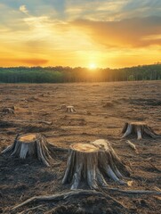 Poster - Deforested landscape with tree stumps at sunset revealing the impact of logging on the environment. Generative AI