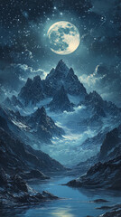 Wall Mural - A tranquil mountain landscape under a glowing full moon