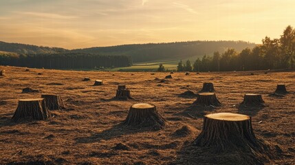 Poster - Deforested landscape with tree stumps under sunset light in a rural area. Generative AI