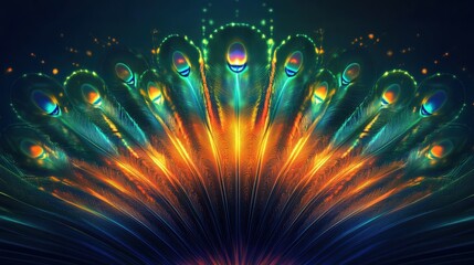 Aufkleber - Majestic display of vibrant peacock tail feathers in fan like arrangement with captivating colors and patterns. Generative AI