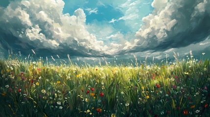 Canvas Print - A wide, open field with tall grasses and wildflowers under a cloudy sky, creating a serene, windswept landscape. Windswept. Illustration