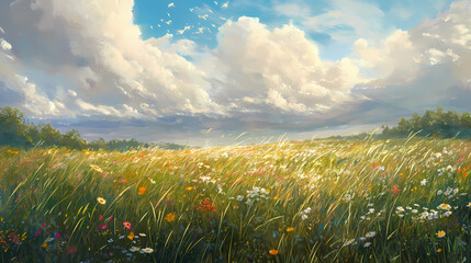 Canvas Print - A wide, open field with tall grasses and wildflowers under a cloudy sky, creating a serene, windswept landscape. Windswept. Illustration