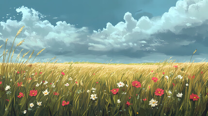 Canvas Print - A wide, open field with tall grasses and wildflowers under a cloudy sky, creating a serene, windswept landscape. Windswept. Illustration