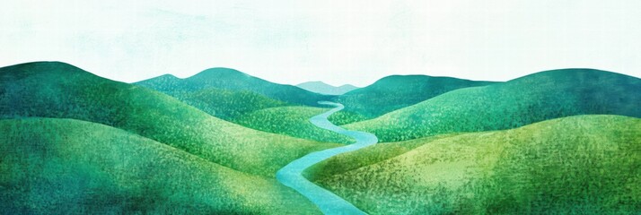 Leinwandbilder - Landscape with rolling green hills and a winding river under a clear sky. Generative AI