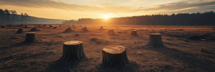 Poster - Deforested landscape at sunset revealing tree stumps and open terrain in a natural environment. Generative AI