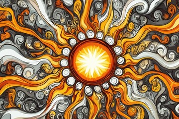 Fototapete - Bright sun doodle with swirling rays in vibrant colors brings joy to the scene, creating a cheerful atmosphere. Generative AI