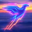 © Junior - A glowing neon eagle perched on a radiant mountain cliff, its wings partially spread and glowing in orange and blue gradients, surrounded by shimmering particles, swirling mist, and a glowing