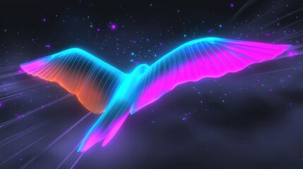 a glowing neon eagle soaring through a radiant canyon, its wings glowing in vibrant gradients of ora