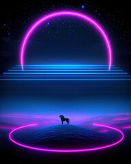 Wall Mural - A glowing neon lion standing majestically on a radiant hilltop, its mane glowing in vibrant pink and orange, surrounded by shimmering particles, swirling mist, and a glowing savannah backdrop 