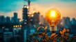 © YUTTADANAI - Illuminated Light Bulb Against Urban Skyline at Sunset with Bokeh Effect and Construction Crane in Background