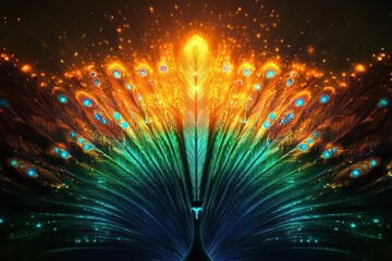 Poster - Vibrant fan display of peacock tail feathers showcasing bright colors and intricate patterns with ample copy space. Generative AI