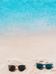 Aufkleber - Summer beach vibe with sunglasses on sand by calm blue ocean water creating a perfect space for text. Generative AI