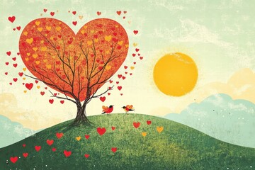Aufkleber - Whimsical Valentines Day design with heart shaped tree and birds in a sunny landscape. Generative AI