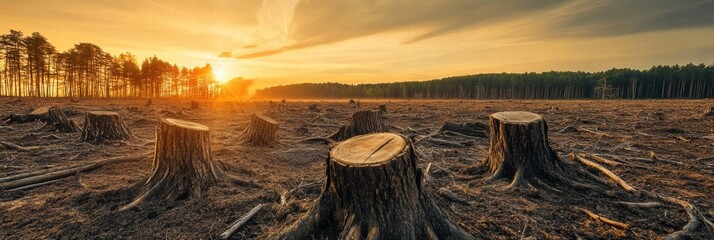 Poster - Deforested landscape at sunset revealing tree stumps and barren ground. Generative AI