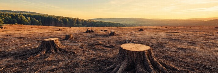 Poster - Deforested area with tree stumps illustrates environmental impact during golden hour. Generative AI
