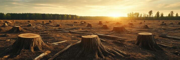 Poster - Deforested area in sunset light with tree stumps scattered across the barren landscape. Generative AI