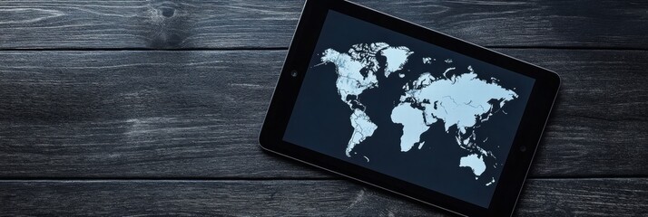 Poster - Modern flat lay of a tablet featuring a detailed world map on a rustic wooden surface with mock up space available. Generative AI