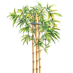 Canvas Print - Watercolor Painting of Lush Green Bamboo Plant with Three Stalks Bound by a Metal Ring.