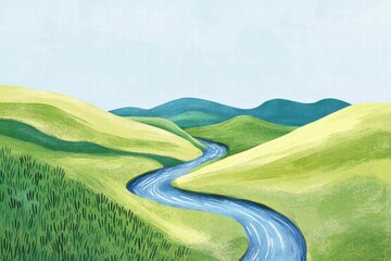Leinwandbilder - Vibrant landscape with a winding river through rolling green hills and a clear blue sky featuring space for text. Generative AI