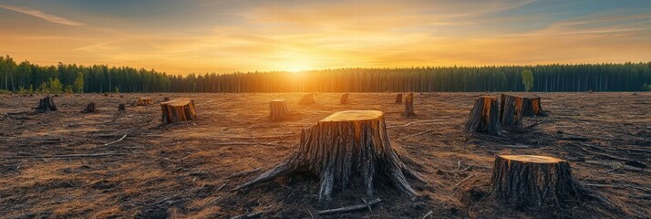 Poster - Deforested area with tree stumps at sunset revealing the impact of logging on the environment. Generative AI