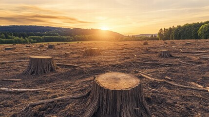 Poster - Deforested landscape at sunset revealing tree stumps in a cleared area surrounded by nature. Generative AI