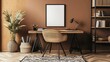 © Faxri - A mock-up poster frame, a wooden desk, a rattan chair, a black rack, a patterned rug, a plant, a brown wall, books, and personal items make up this imaginative arrangement of a workplace. Template.