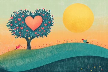 Fototapete - Whimsical hand drawn Valentines Day design featuring heart shaped tree and vibrant sun. Generative AI