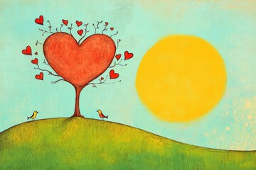 Aufkleber - Whimsical hand drawn heart tree design with blank space for Valentines Day text and a cheerful sun. Generative AI