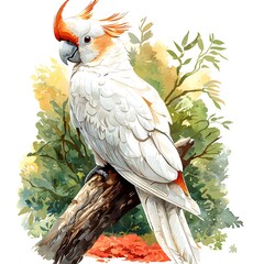 Sticker - A watercolor painting of a white cockatoo perched on a branch, surrounded by lush greenery.