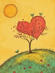 Leinwandbilder - Whimsical Valentines Day design featuring a heart shaped tree and cheerful birds in a sunny landscape. Generative AI