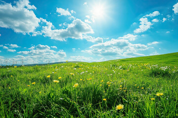 Rolling hills covered in green grass and wildflowers under a partly cloudy sky