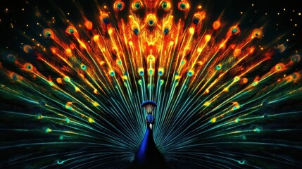 Aufkleber - Vibrant display of peacock tail feathers showcasing intricate patterns under a starry night sky. Generative AI