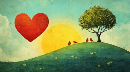 Poster - Whimsical hand drawn Valentines Day design featuring heart, sun, and birds in a serene landscape setting. Generative AI