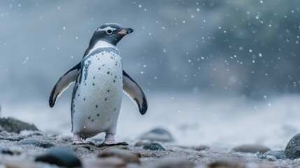 Wall Mural - humboldt penguin standing on rocky beach in snowfall.