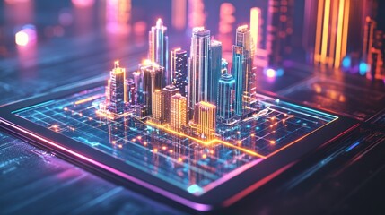 Wall Mural - futuristic city model on digital tablet, showcasing smart city technology and digital transformation
