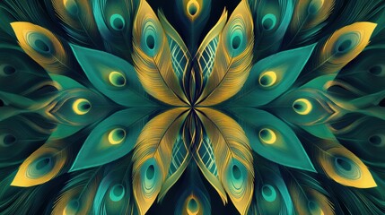Poster - Overlapping peacock feathers in shades of teal and gold with space for text in a decorative design. Generative AI