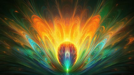 Fototapete - Vibrant display of peacock tail feathers with bright colors and fluid shapes creating an eye catching effect. Generative AI