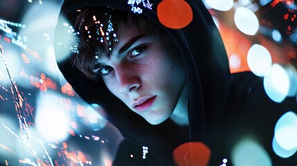 Wall Mural - Teenager in hoodie, intense gaze, surrounded by vibrant city lights bokeh.