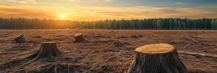 Poster - Deforested landscape with tree stumps under a vibrant sunset in an abandoned forest clearing. Generative AI