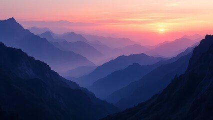 Distant mountain peaks layers at sunrise. Pattern of mountains silhouettes against orange sky in Dolomites.