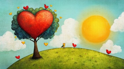 Aufkleber - Whimsical hand drawn Valentines Day design featuring a heart tree with bright colors and copy space for text. Generative AI