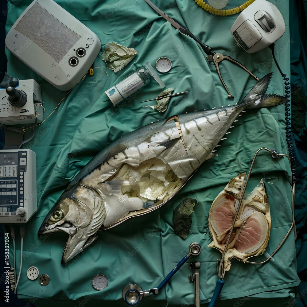 Foto de Stock Fish possibly tuna lies green cloth its internal organs ...
