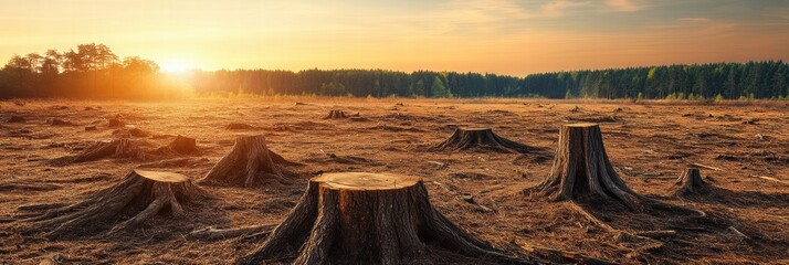 Poster - Deforested landscape with tree stumps at sunset highlighting environmental impact and loss of natural habitat. Generative AI