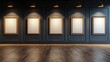 © Kritsanaphong - Gallery Wall Mockup: 5 blank frames ready for your art in a sleek and modern gallery setting with dark blue walls and warm wooden floors.
