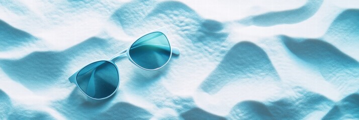 Poster - Trendy sunglasses resting on soft sand with ample space for text and branding. Generative AI