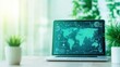 © Wanida - Modern Laptop Displaying World Map with Technology Icons in Office Environment Surrounded by Green Plants and Natural Light