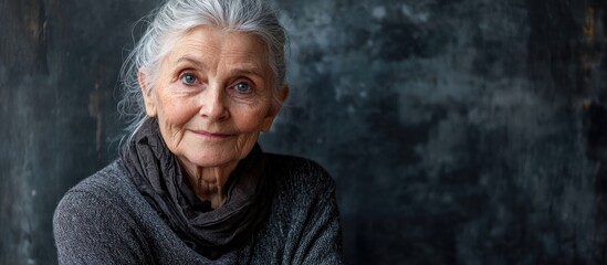 Wall Mural - Elderly woman with natural expression and gray hair against textured background ideal for text insertion and capturing timeless beauty