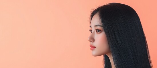 Wall Mural - Young Asian woman with long black hair in profile against a peach background providing empty space for text or design elements.